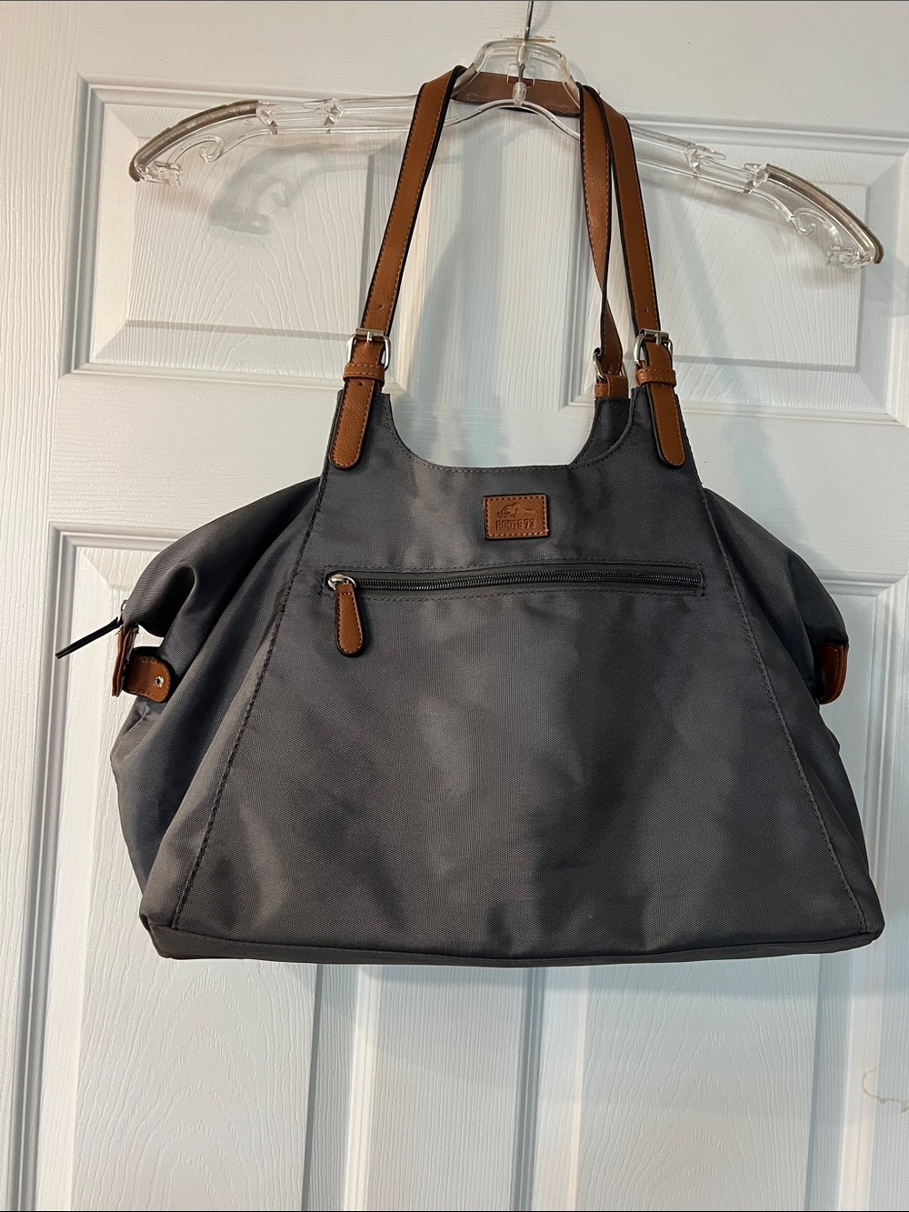 Roots Gray Tote with Brown Trim and Straps